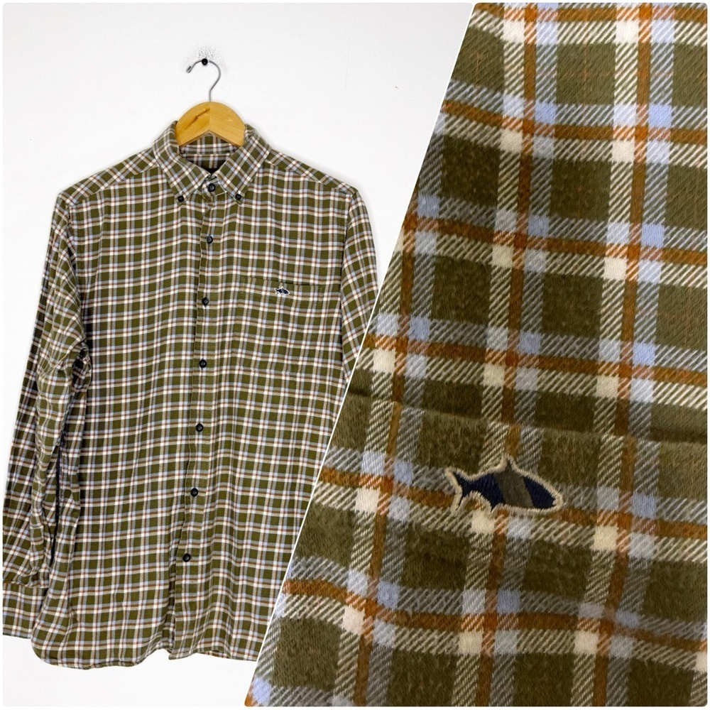 Fish Hippie Plaid Flannel Button-Down Shirt Men’s Medium Green Brown